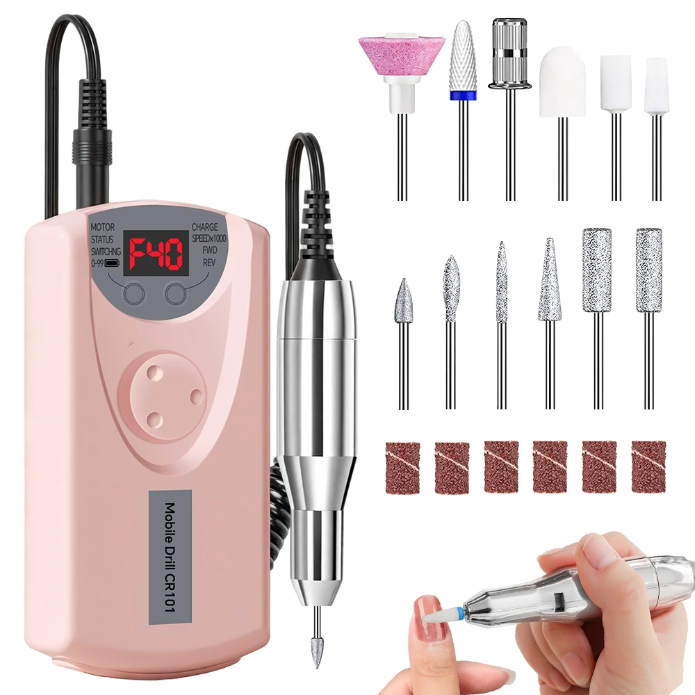 Professionelle elektrische Nagelbohrfeile, wiederaufladbares tragbares Nagelfeilen-Maschinen-Set mit 12 Bits zum Polieren von Acryl-Gel-Nägeln