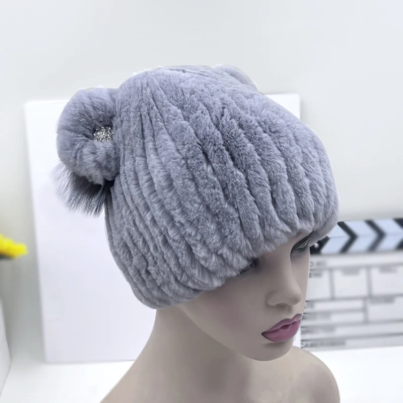 

Natural Rex Rabbit Fur Hats for Women Winter Warm Thick Beanies Snow Elastic Diamond Hats