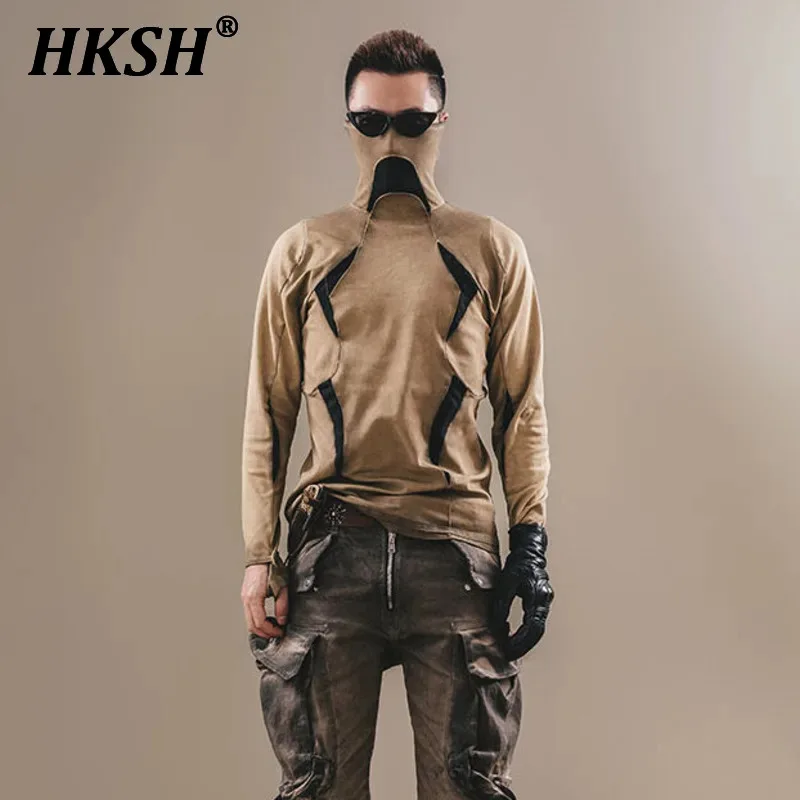 HKSH Spring Summer Men's Niche Darkwear T-shirt Elastic Geometric 3D Spliced Waste Land  High Neck Mask Long Sleeve Tees HK0118