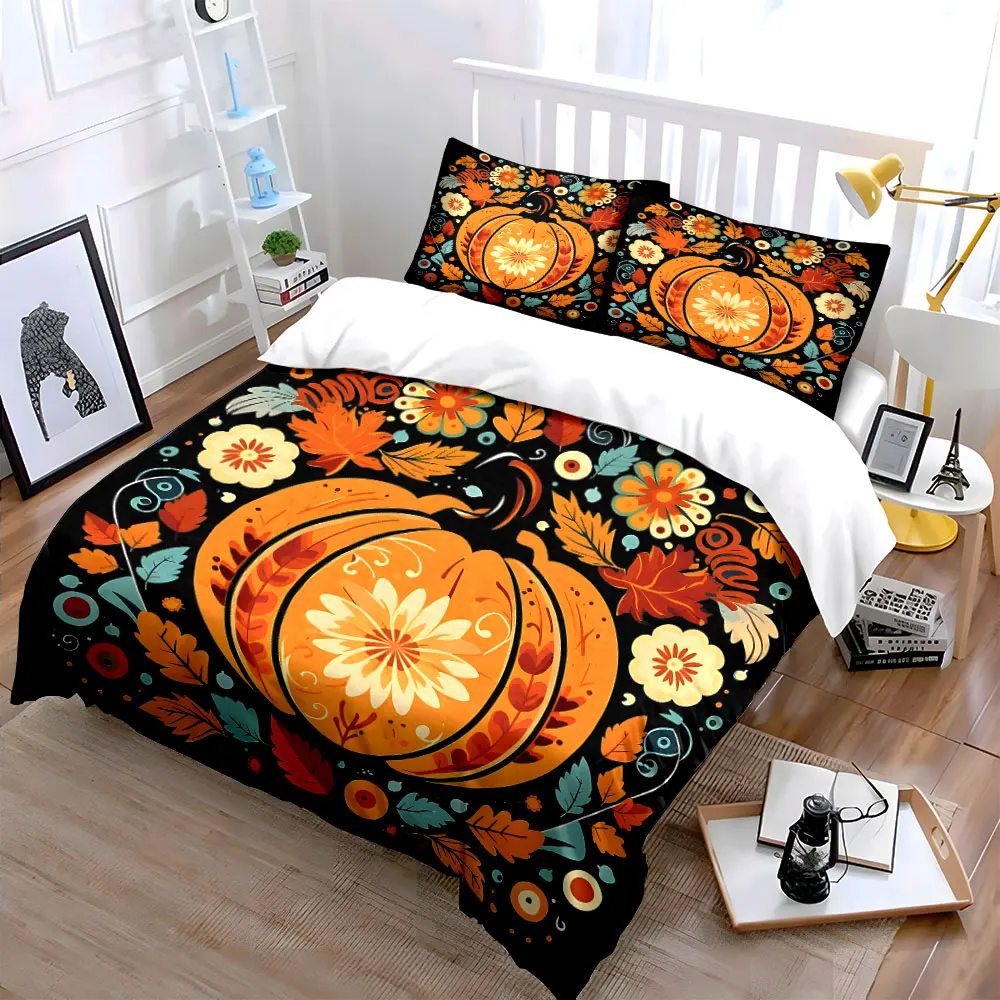 Autumn Pumpkin Floral Decor Pattern Duvet Cover Set Digital Print Colorful Polyester Bedding with Zipper Closur for kids gifts