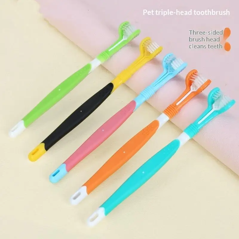 Three Sided Pet Dental Toothbrush Soft Bristles Non Slip Handle For Dogs Cats