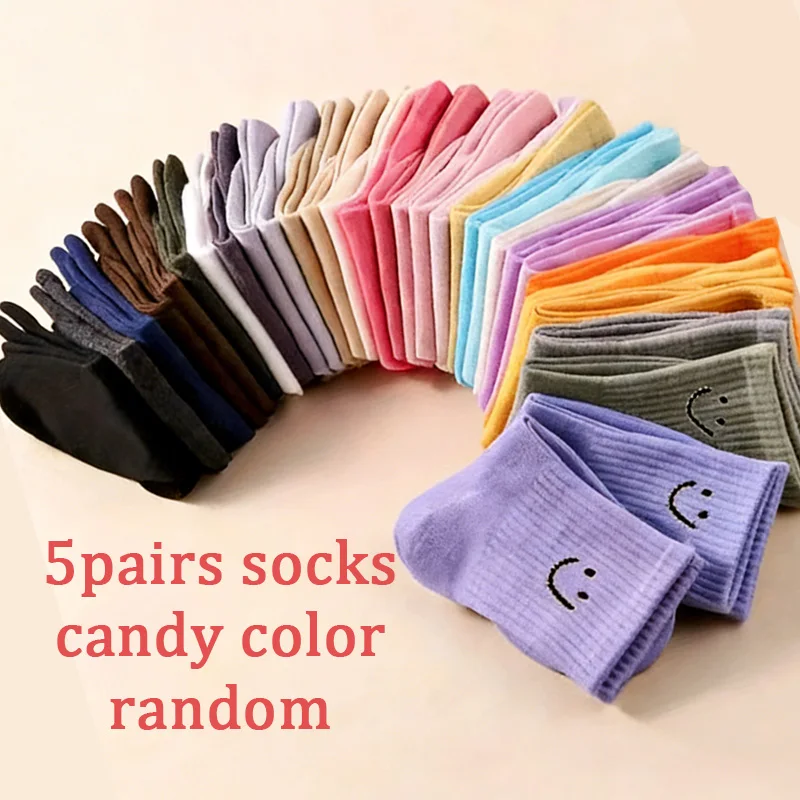 5 Pairs of Cute Spring Autumn Smiling Face Expression Pattern Socks Comfortable Minimalist Men's Women's Socks Randomly Shipped