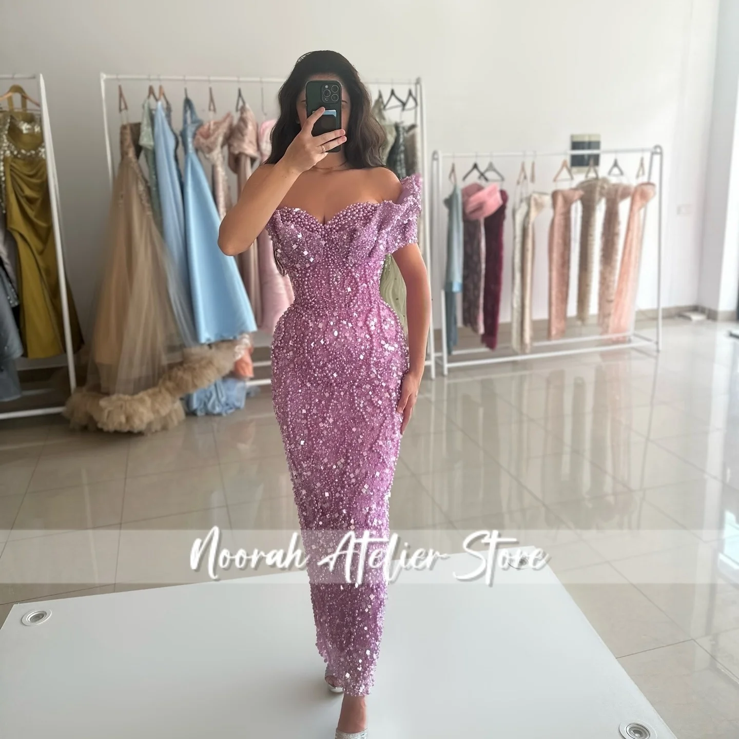 Lilla lucido Una spalla Arabia Saudita Paillettes Perle Abiti da sera di lusso 2025 Abito da sposa فساتmaveraAbito da ballo Personalizzato