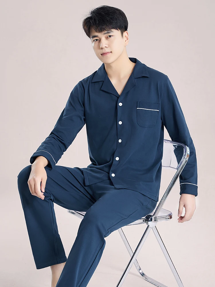 Blue Cotton Pajamas Winter Men Sleepwear Nightwear Full Sleeves PJ Pijama Hombre Home Clothes 2 Pieces Set Cotton Pyjama Homme