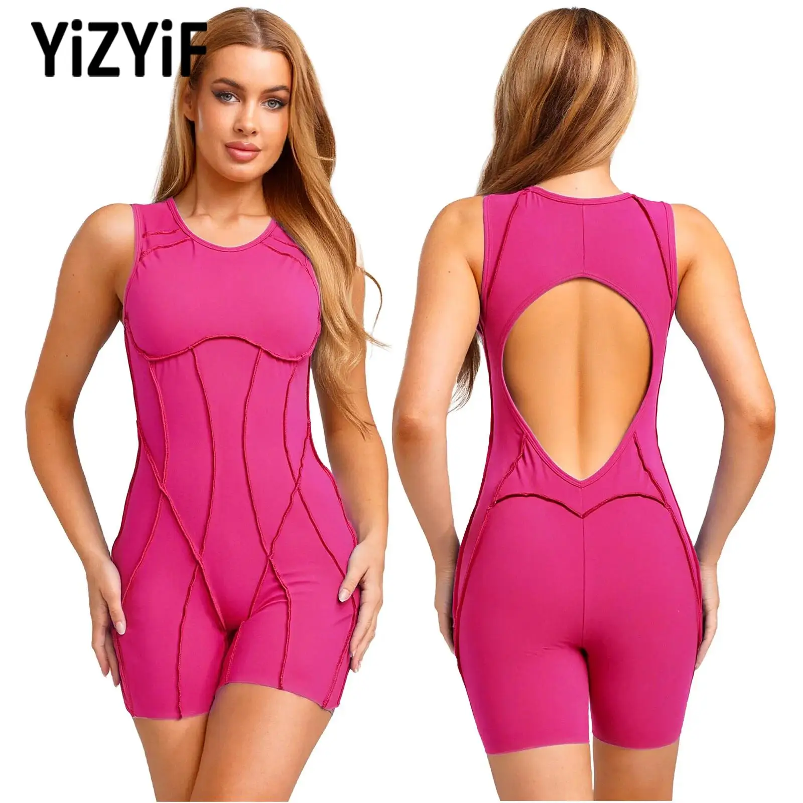 

New Womens Yoga Gym Slim Bodysuit Sleeveless Back Hollow-out Boy Shorts Compression Rompers Jumpsuit Costume Sportswear Swimwear