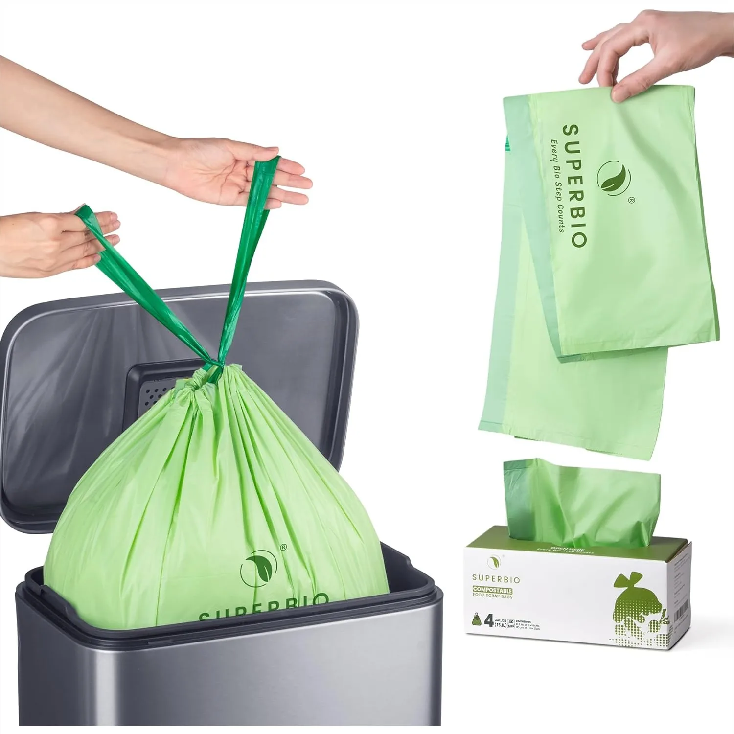 

Compostable Drawstring Food Scrap Bags, 4 Gallon 15.1L, 40 Count, Heavy Duty Waste Bags, BPI Certified