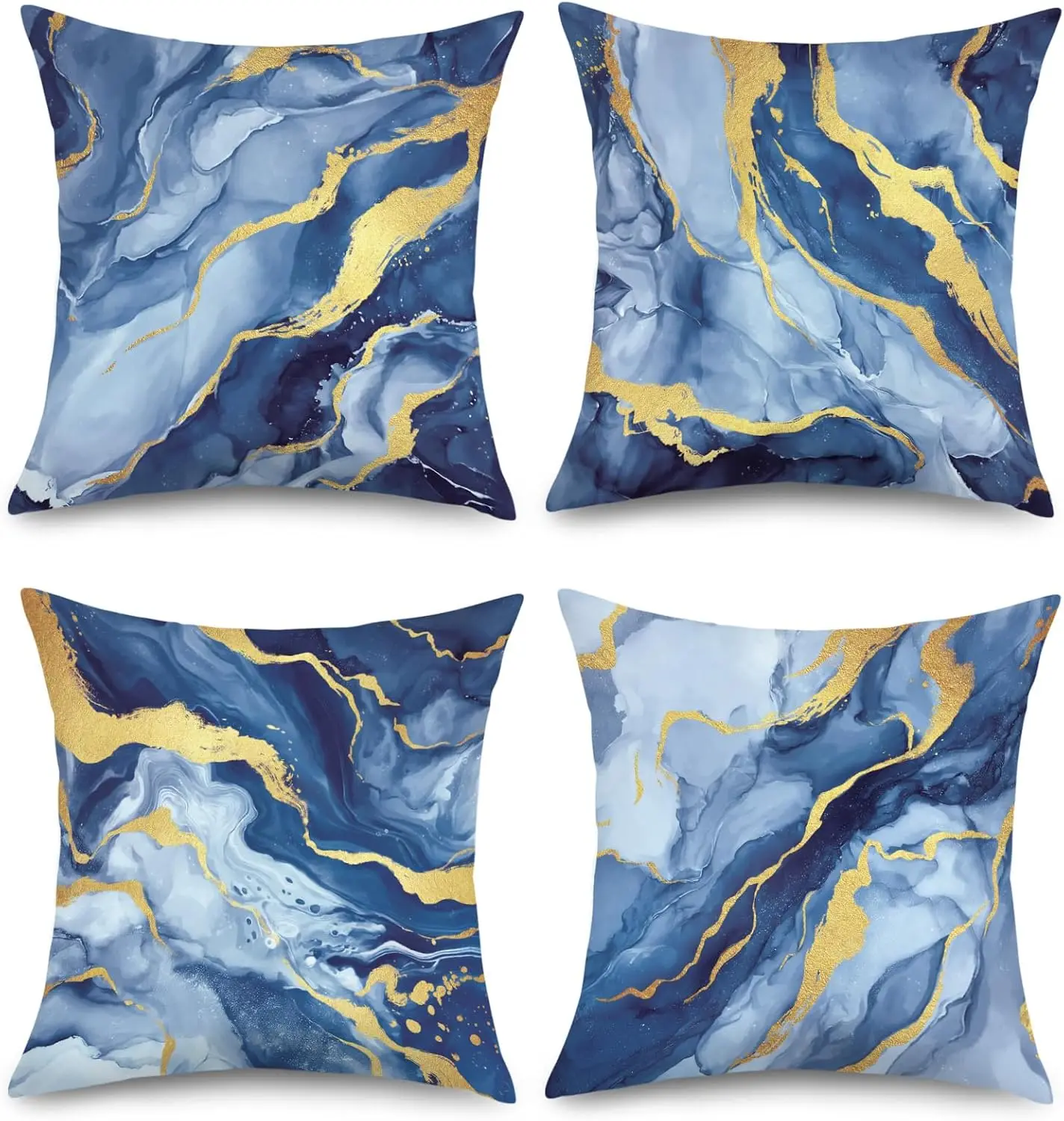 Luxury Blue Gold Marble Throw Pillow Covers Set 4 Pieces Modern Abstract Geode Print Cushion Decor for Living Room