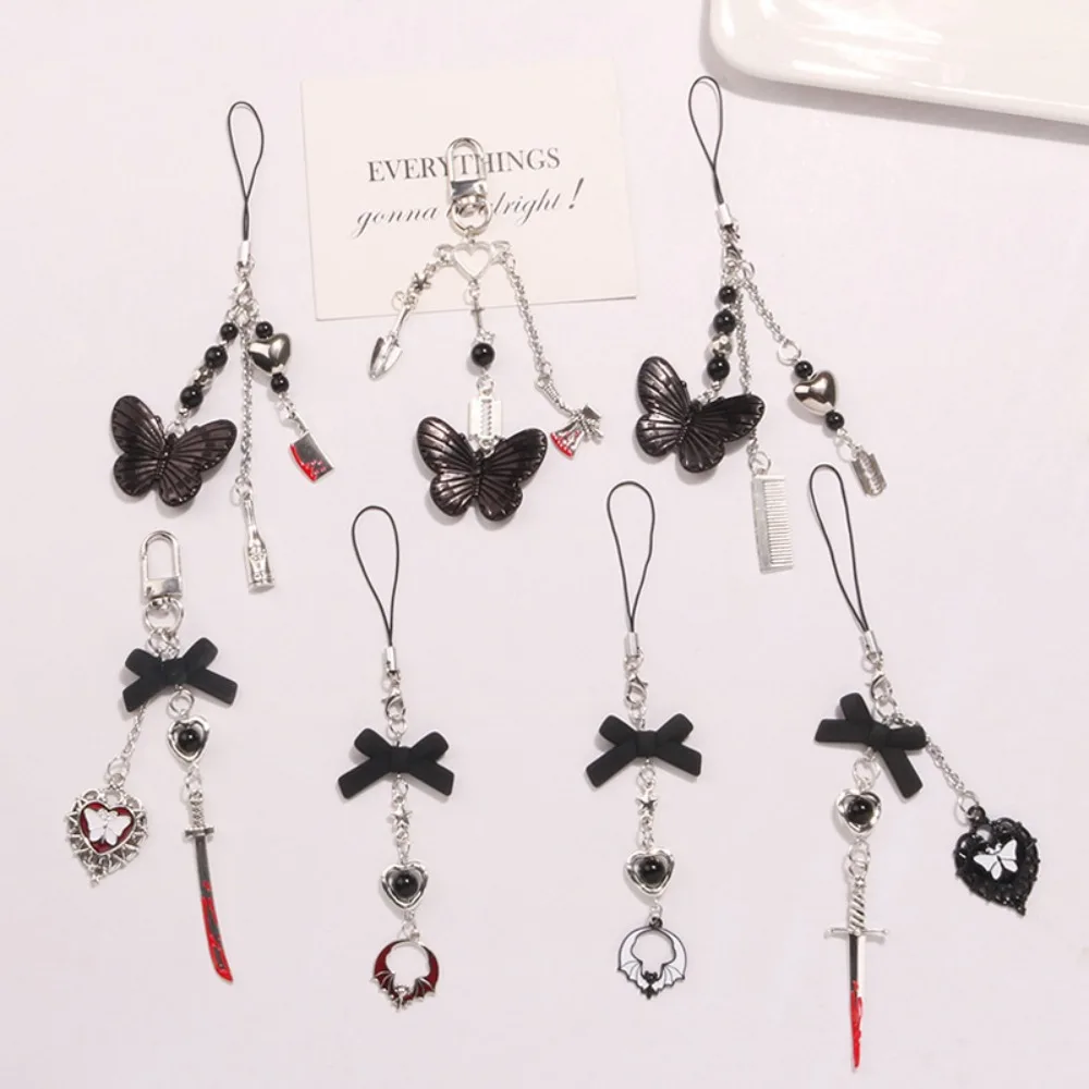 Black Butterfly Y2K Phone Strap Charm Gothic Style Mobile Phone Chain Lanyard Sweet Cool Mobile Keychain Lanyard Phone Pendant