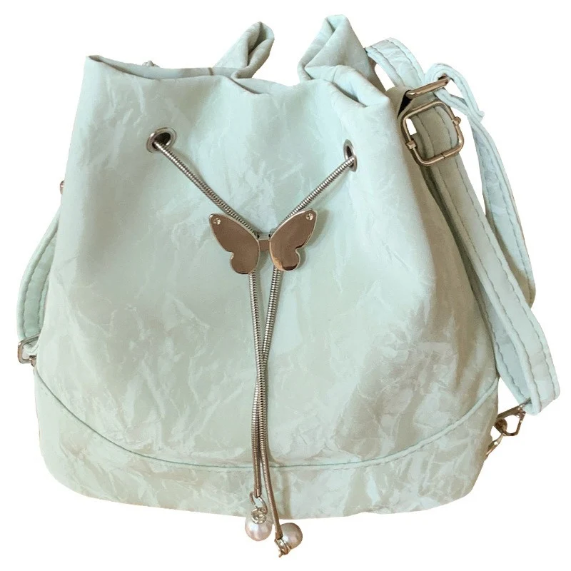 Women Mint Green Butterfly Drawstring Backpack Lady New Korean Style Jacquard Mini Bucket Bag Female Cutecore Shoulder Bags - view 6