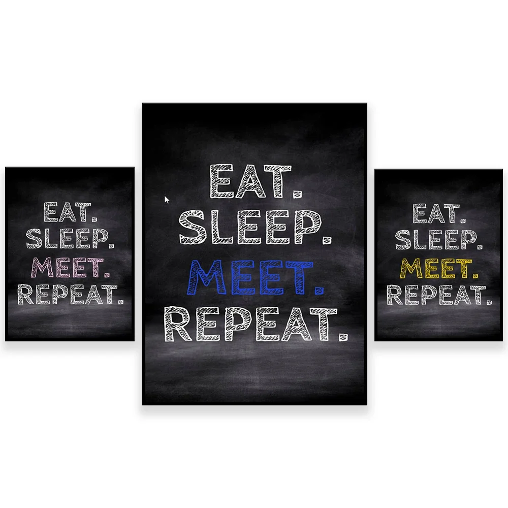 „Eat Sleep Meets Repetition“ – spirituelle zeitgenössische Kunstdruckplakat – Blau- und Gelb-Rosa-Option – Wiederherstellungsdruck auf Leinwand