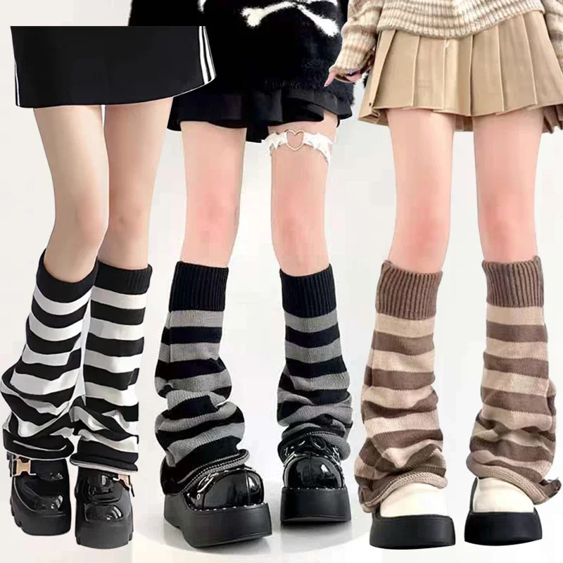 Lolita Stripe Leg Warmers Women Long Socks Wool Knitted Foot Cover Arm Warmer Y2K Winter Crochet Heap Socks Boot Cuffs Stockings