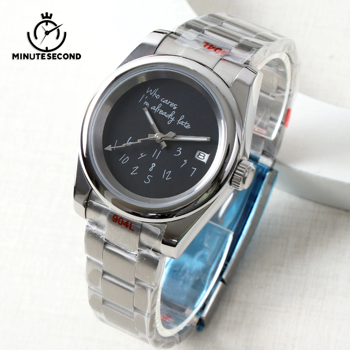 

MINUTESECOND For NH35 Watch Smooth Case Who cares, I'm already late Silver Sapphire NH35 Automatic Movement 39mm President Strap