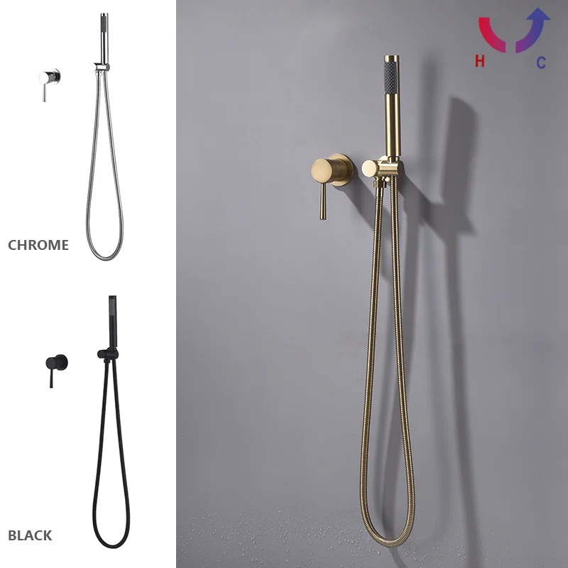 Brushed Gold Brass Round Handheld Shower Head Finish Shower Set Adjustable Wall Holder Handheld Water Saving Bath Shower Kit