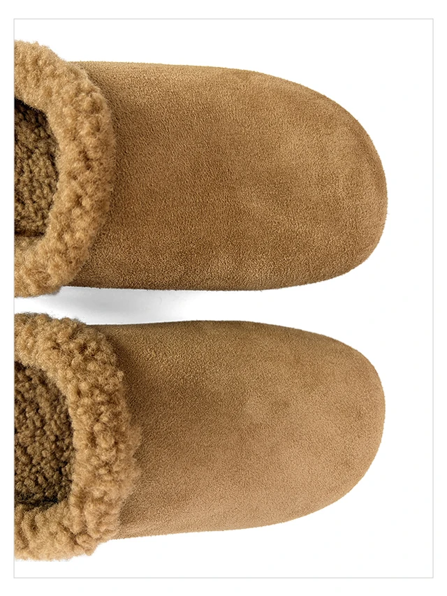 2027 Autumn Winter New Arrival Cow Suede Upper Warm Faux Shearling Lining Mango‑Toe Slip‑on Women's Home Mule Cotton Slippers