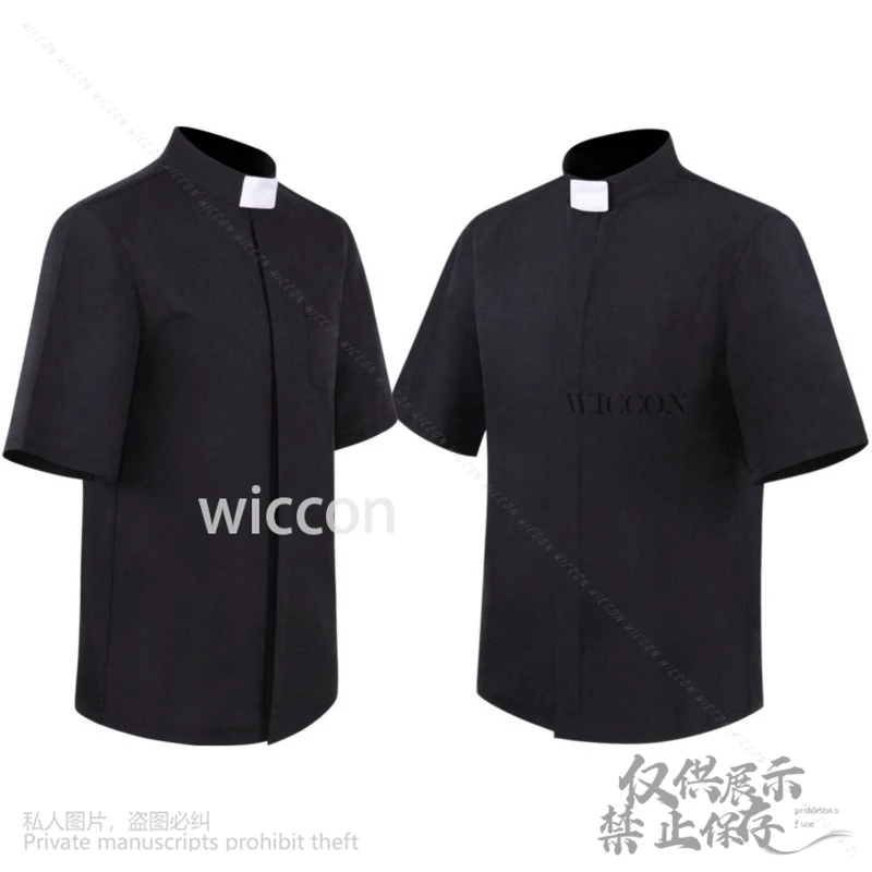 Anime Halloween Black Priest Shirt Men Cosplay Catholic Church Missionary Short Sleeve Top Role Play Roman Polo Shirt Customized