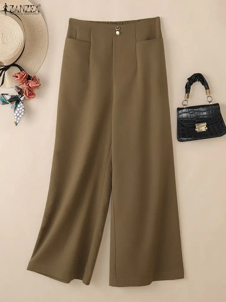 ZANZEA Fashion Women Wide Leg Pants 2026 Spring Elastic Waist Solid Color Loose Trousers Office Commuting Wear Woman Bottoms 3XL