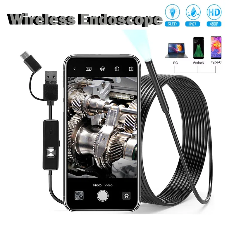 

3IN1 5.5MM 7MM Android Endoscope Tpye-c Micro USB Mini Camera Pipe car Inspection Borescope 6 LEDs Waterproof for Smartphone PC