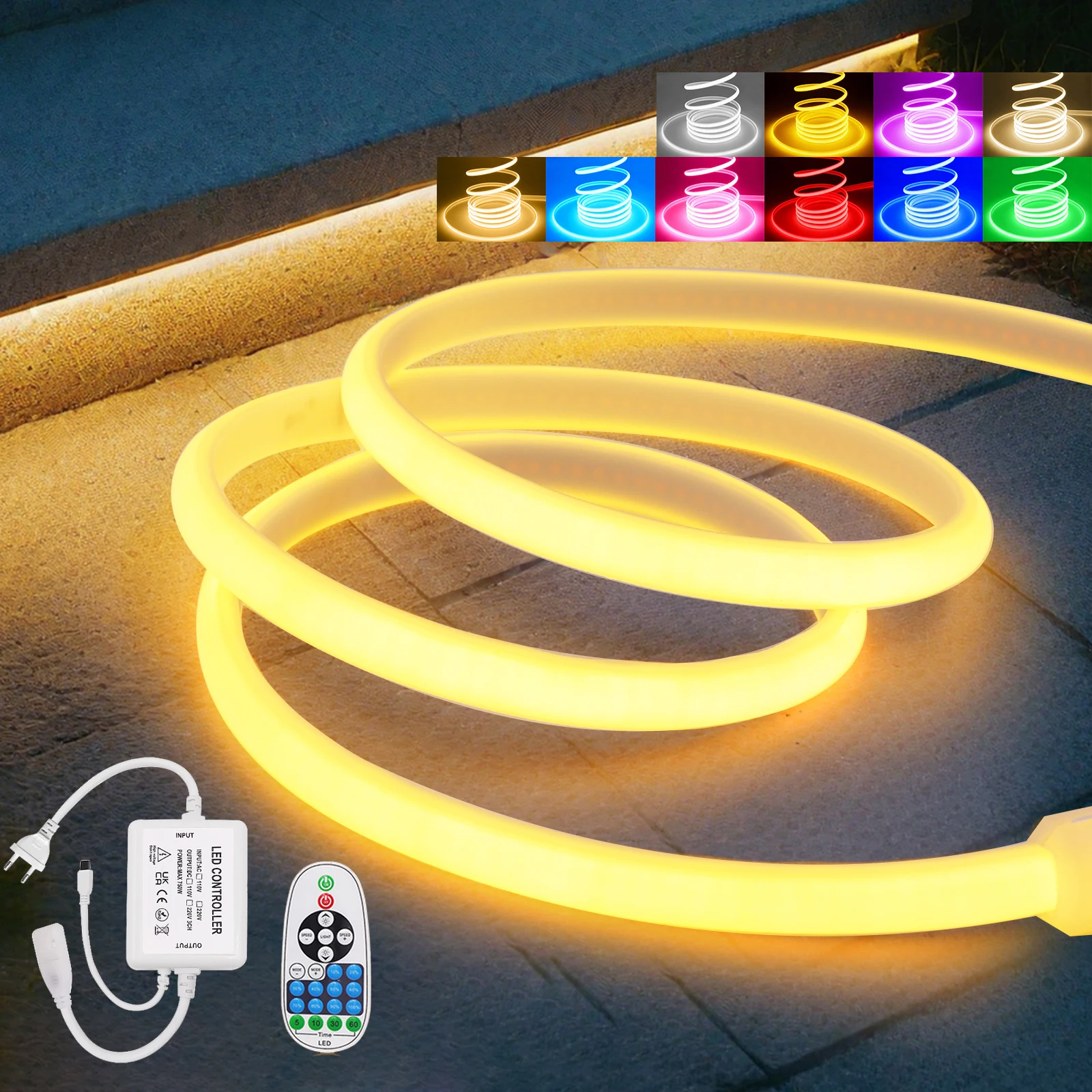 

Светодиодная неоновая лента с регулируемой яркостью 220 В COB, 23 клавиши, комплект дистанционного управления ЕС, водонепроницаемая, IP67, красный, зеленый, синий, теплый белый, 288 светодиодов, гибкая лампа