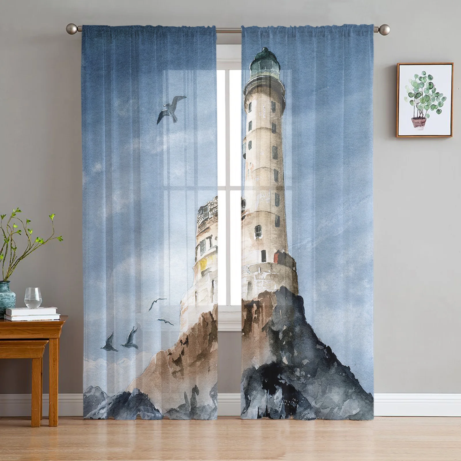 Lighthouse Island Seabird Retro Watercolor Tulle Sheer Window Curtains for Living Room Kitchen Bedroom Voile Hanging Curtain