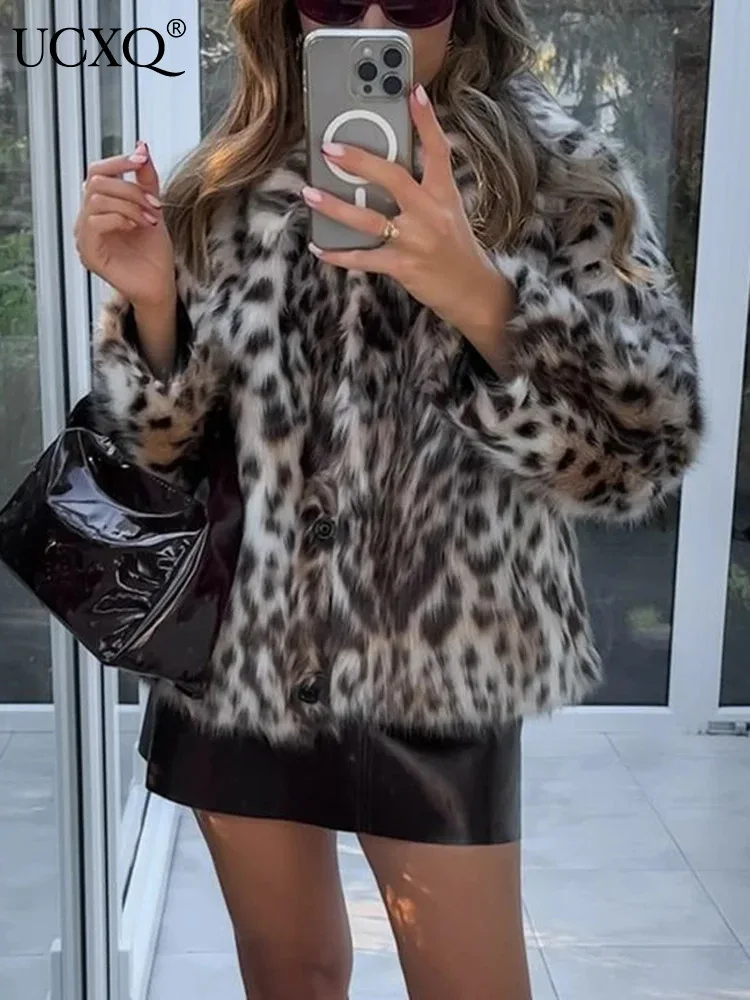 UCXQ Fashion Leopard Print Faux Fur Coat For Women Lapel Long Sleeve Chic Jacket Female 2024 Autumn Winter Outerwear Women C2781