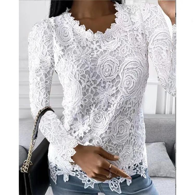 Fashion Woman Blouse Pulovers 2025 Spring Summer Lace Hollow Out Long Sleeves Solid Girl Personality Tops Y2K Streetwear Shirts