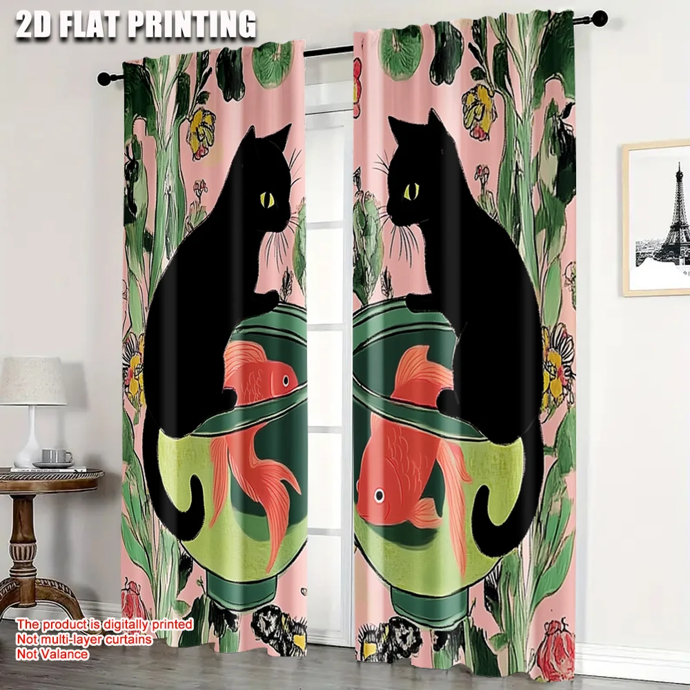 

2pcs, Popular Curtains 2D print Cat & Fish Polyester Easy Install (without rod) Holiday for Living Room, Home Decoration, Room
