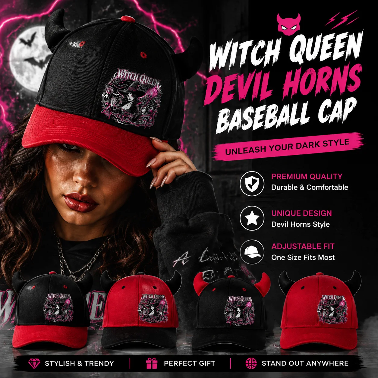 1PC Witch Queen Devil Horn Baseball Cap, Halloween Gothic Red Flat Brim Hat with Black Demon Horns