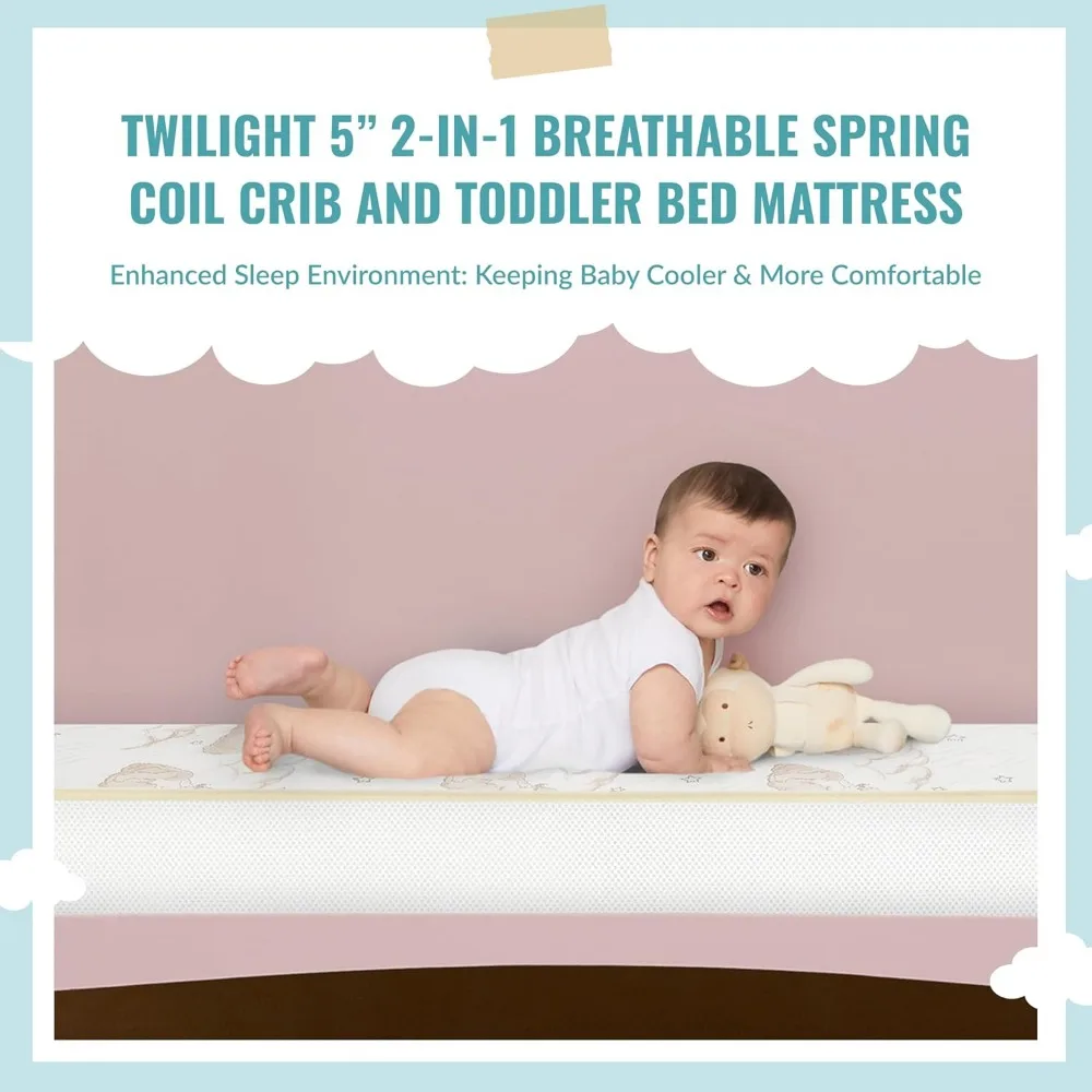 Twilight 5” 2-in-1 Breathable Spring Coil Crib and Toddler Bed Mattress Firm, Plush with Reversible Design I Greenguard Gold