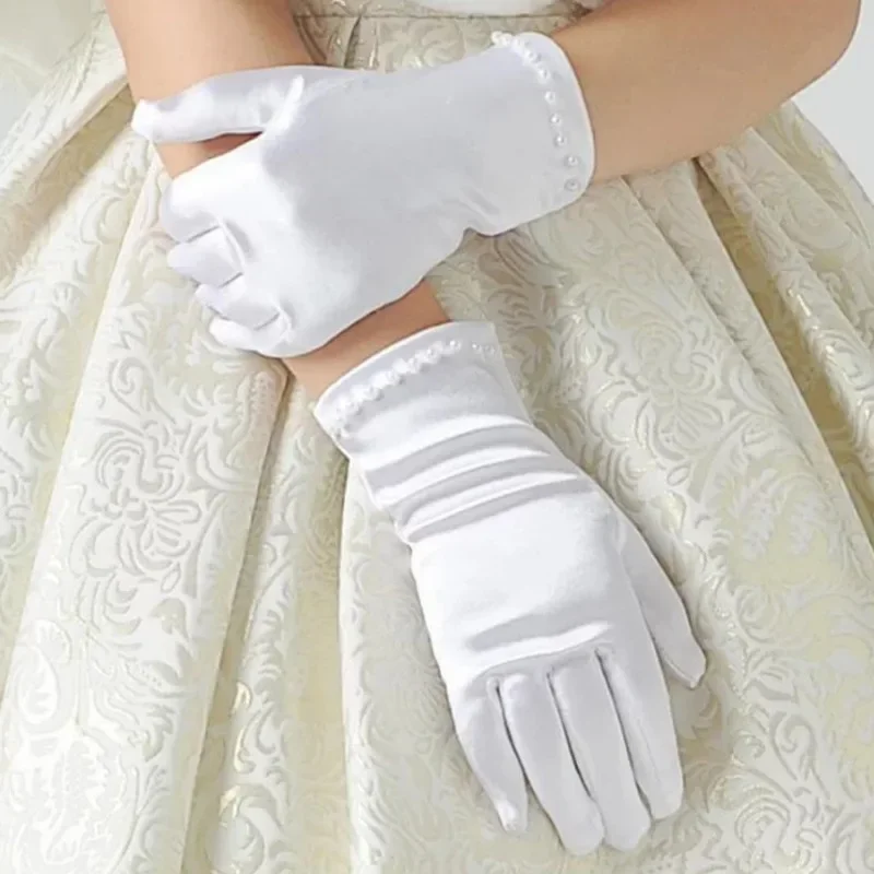 Girls Floral Mid-Length Gloves Children's Pearl Gown Gloves Stage Performance Princess Dress White Factory Direct Sales