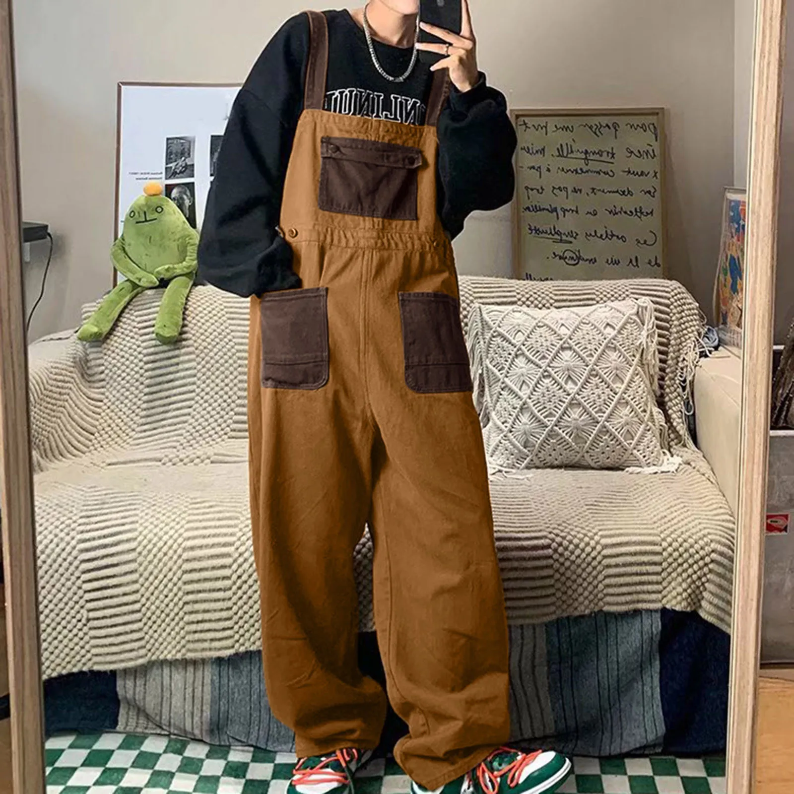 Men's Retro Orange Brown Unisex Overalls Wear Pair Of Loose Straight Overalls On Both Sides Men's fashion Sweat Jumpsuit