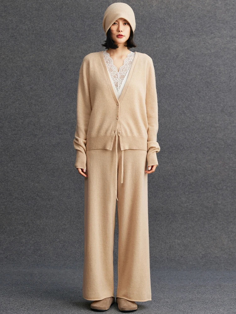 TLOML 여성 100% 캐시미어 스웨터 슈트 브이넥 가디건 롱 스커트 와이드 레그 팬츠 가을 겨울 부드럽고 따뜻한 캐시미어 니트웨어 슈트