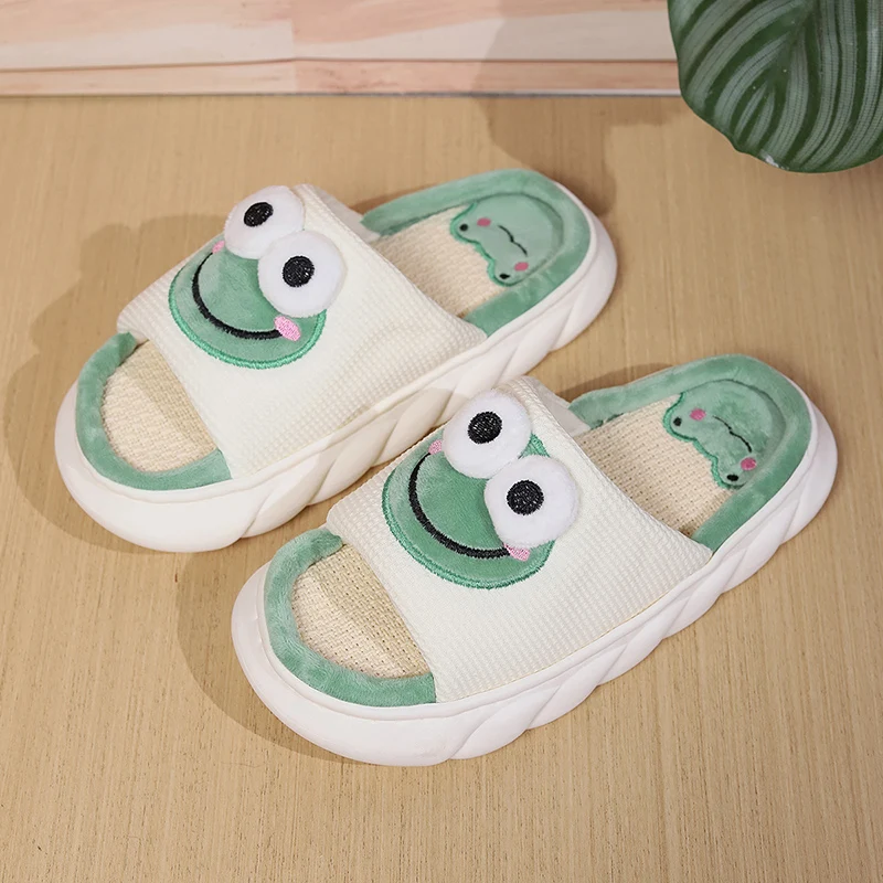 Pantofole Casual in lino con plateau donna Home Frog Cartoon Cute Designer Shoes Girls 2024 New Spring Fashion House Slides Large Size