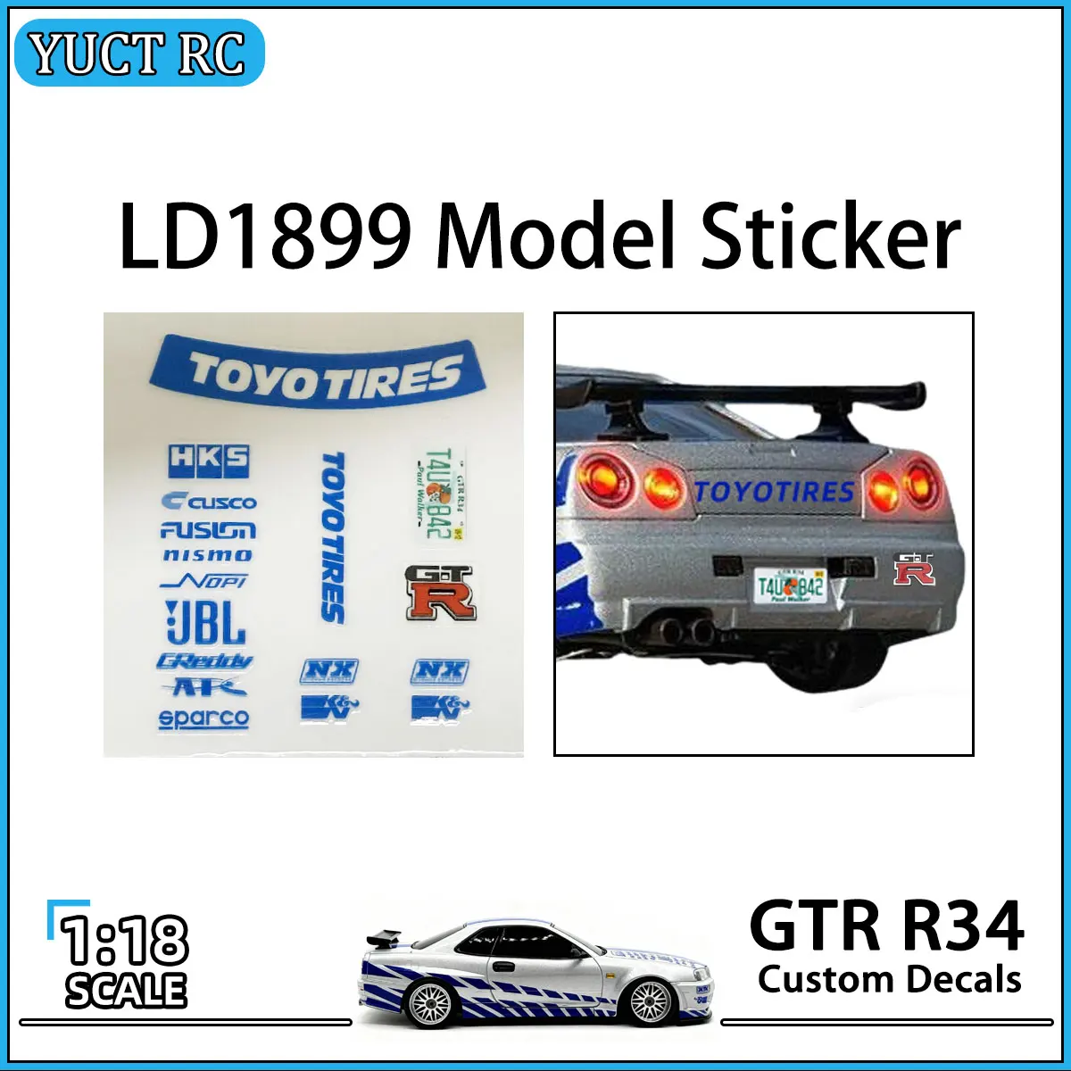 LDRC LD1899 1/18 RC Drift Car Upgrade Parts GTR R34 Model Sticker 1:18 Scale Custom Decals for LD1801 LD2801 LD1899 RC Car