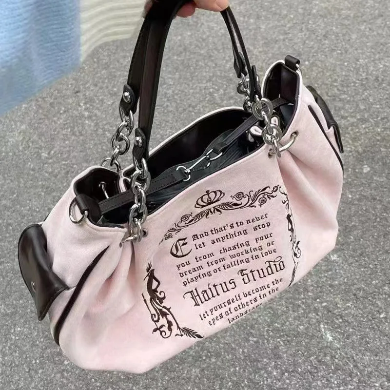 Y2K Women Pink Vintage Gothic Tote Bag Aesthetic Large Capacity Embroidery Letter Retro Ladies Grunge Chain Travel Shoulder Bags