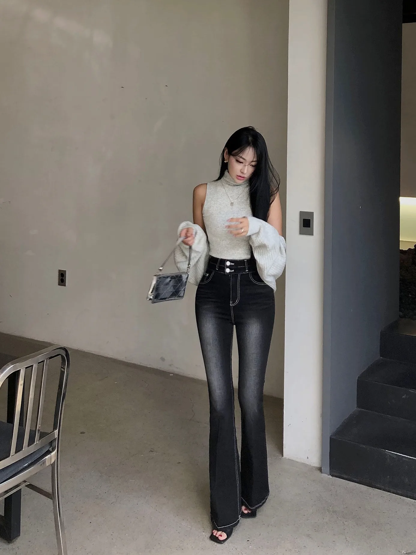High Waist Double Buckle Jeans Korean Style Elastic Butt Lifting Slimming Leg Lengthening Micro Flared Long Pants Washed