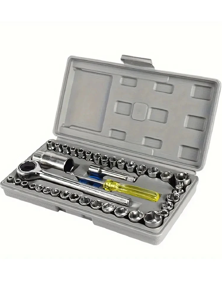 40 piece socket wrench set, durable chrome vanadium steel, portable toolbox for home vehicle repair and maintenance, emergency v