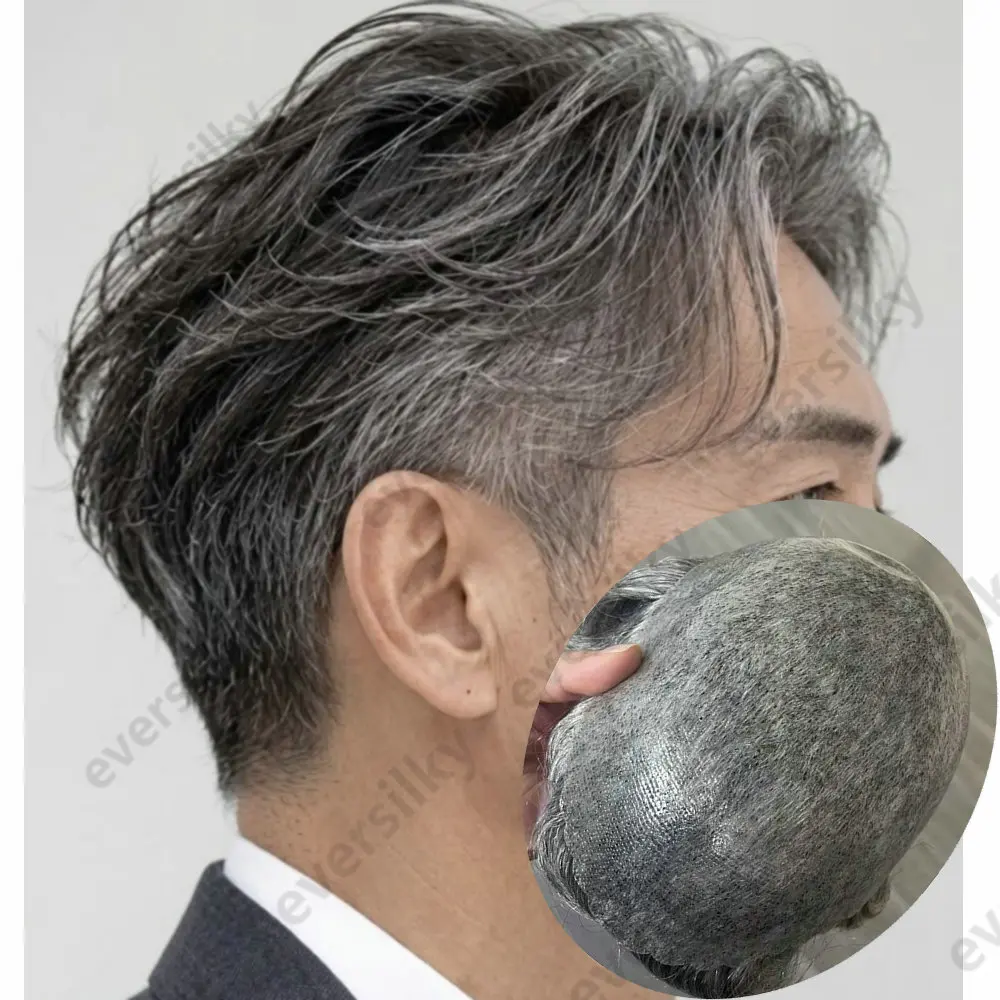 Extrem Langlebiges 30mm Welliges Echthaar-System für Männer, Haarprothese, 6 Zoll Lang, Grau 1b50, Schwarzbraun, Dünne Haut, PU-Basis, Herren-Toupet – Detail 1