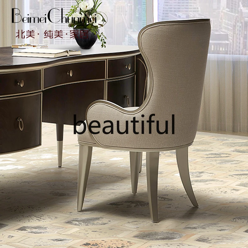 Furniture Customized American Modern Light Luxury Champagne Velvet Dining Chair Beige Fabric Book Chair