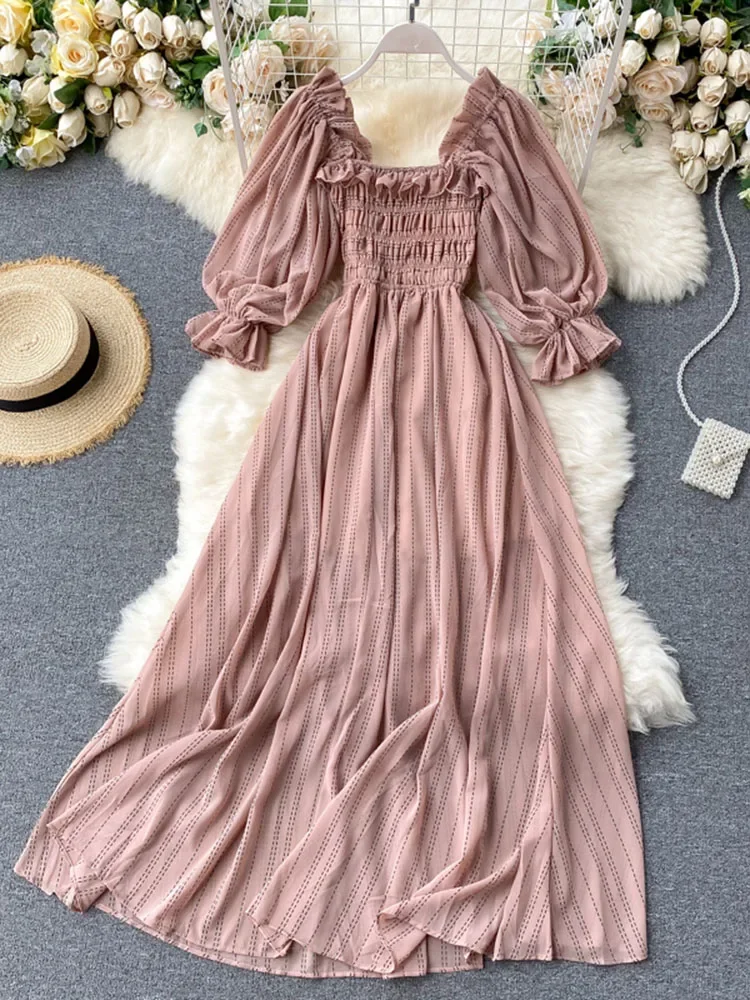 Summer Women\'s Dress New Square Collar Wooden Ear Bubble Sleeve Dress Korean Style Waist Slim Chiffon Female Dresses GX087
