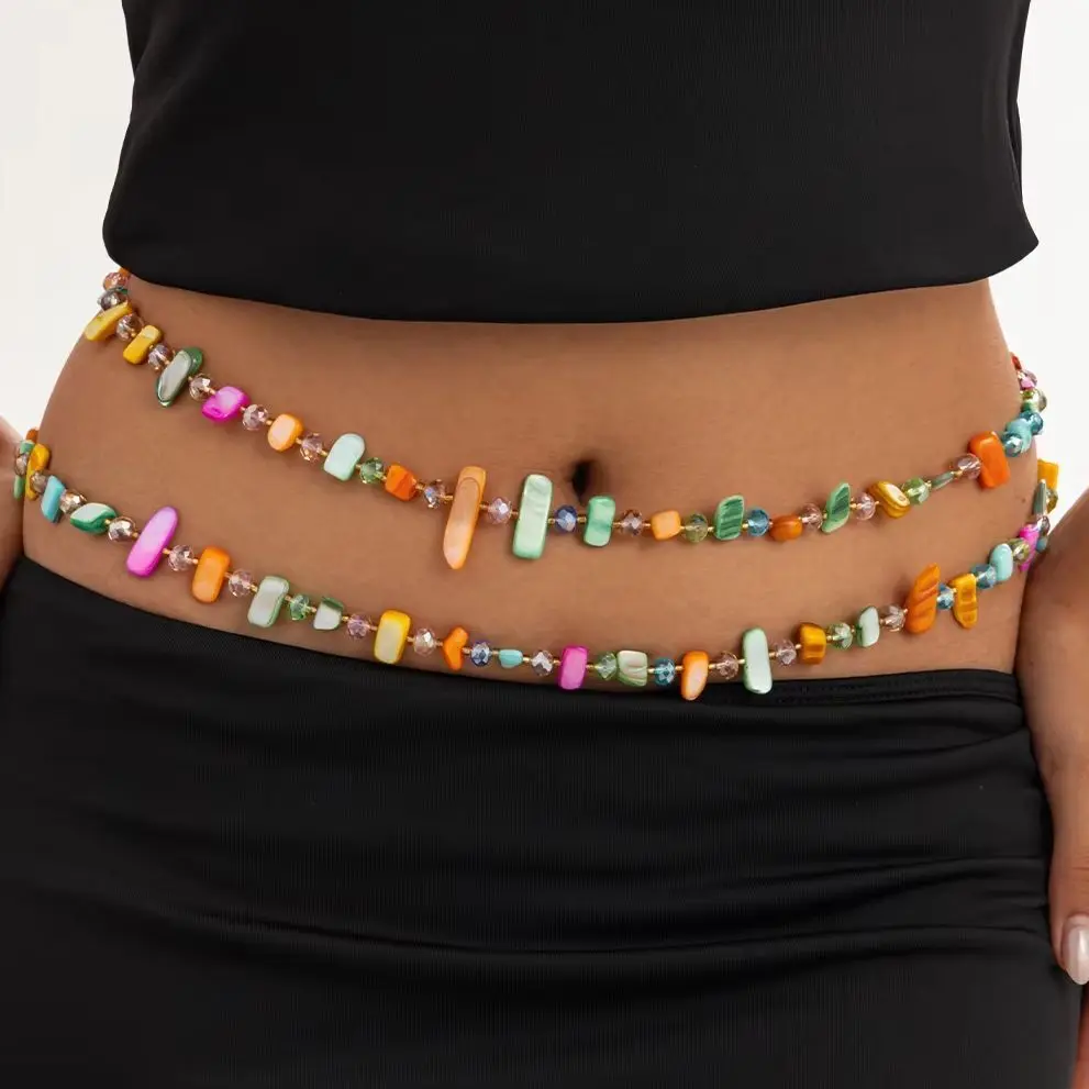 SHIXIN 2Pcs/Set Vintage Double Layer Colorful Acrylic Seed Beads Waist Chain Women Boho Stackable Belly Chains Y2K Body Jewelry