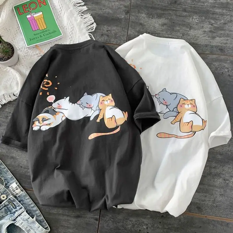 Women Summer Korean Casual Printing White Loose O-neck Short Sleeve Tee Shirt Women Clothes Simplicity Cartoon Pattern Top Tee