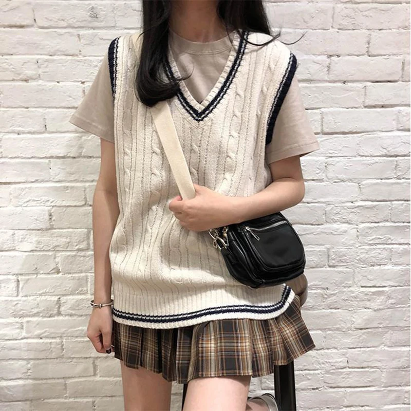 

Harajuku Preppy Style V Neck Knitted Sweater Vest Women Autumn Winter Patchwork Sleeveless Vests Sweaters Female Pullovers Y2k