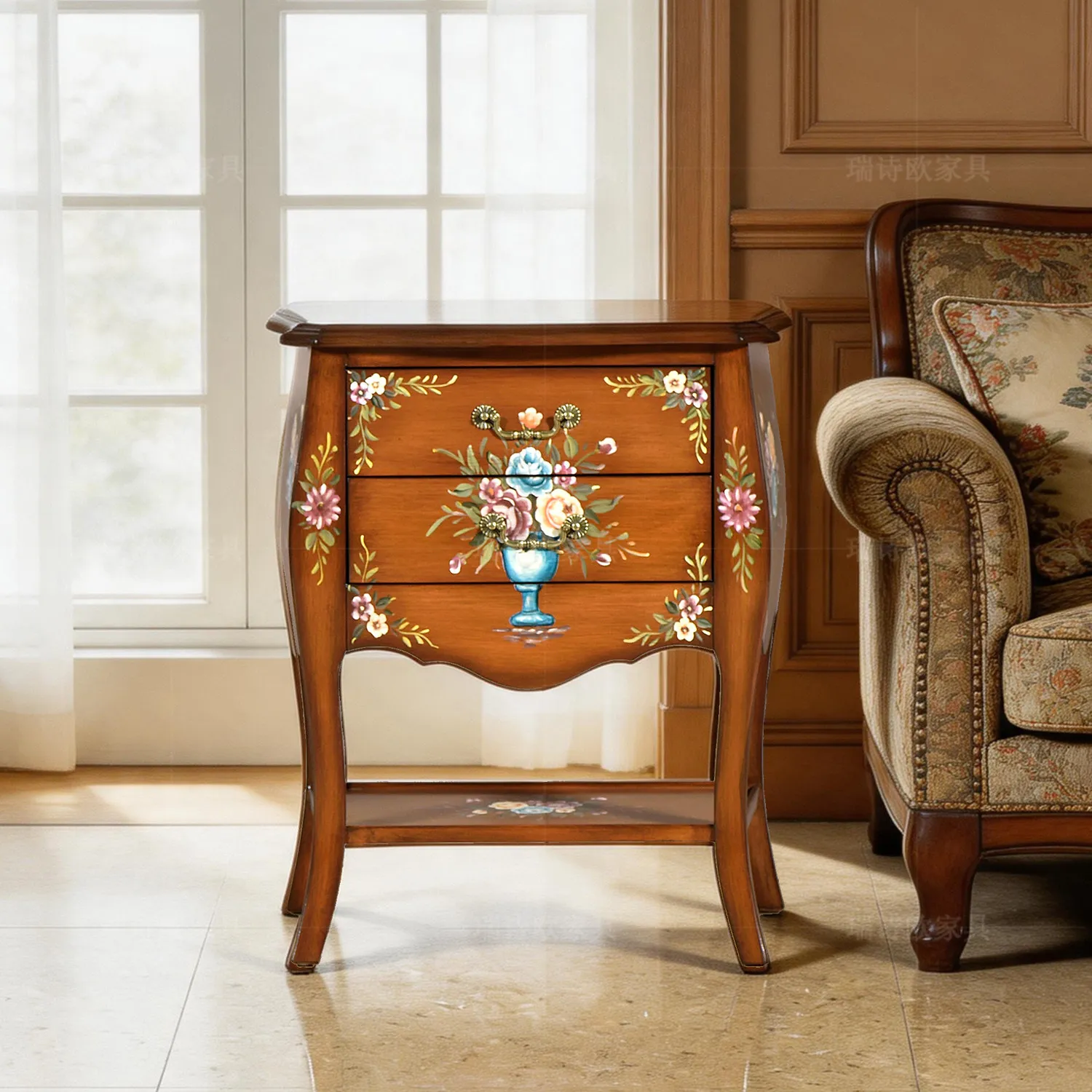 American retro hand-painted flower entrance cabinet solid wood three-bucket storage side cabinet living room sofa decorative