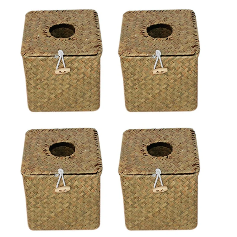 4 Pack Square Seagrass Facial Tissue Box - Decorative Woven Paper Holder Napkin Dispenser - Straw Tissue Box Cover