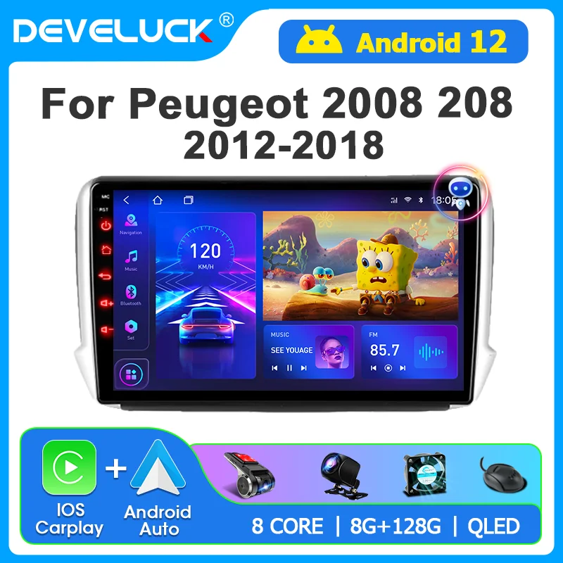 Develuck 2Din Android 12 Stereo per Peugeot 2008 208 2012 - 2018 autoradio Multimedia Carplay Auto GPS DSP lettore di navigazione DVD