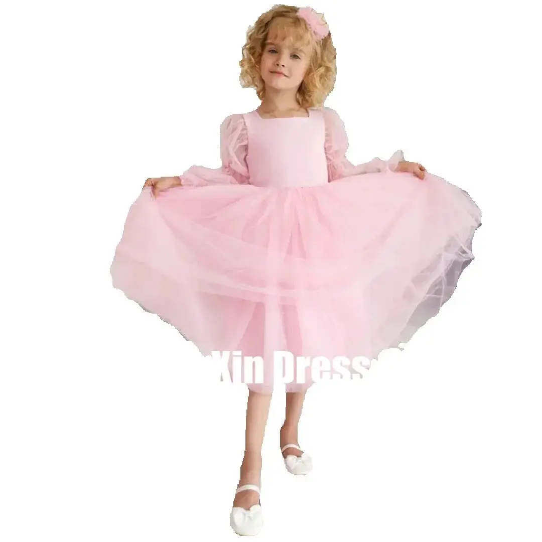 Sukienki dla dziewczynek na wesele, urodziny, bankiet, komunię, z różowego tiulu na zamówienie, z długim rękawem i kokardą na pasku.