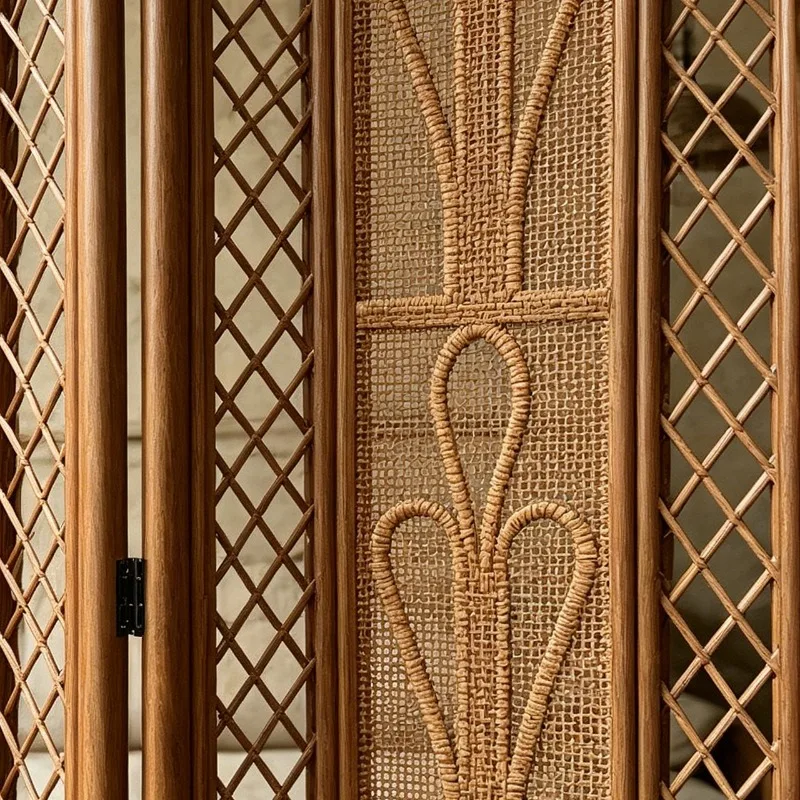 rattan folding screen, four doors arched pattern partition, living room decoration mobile screen
