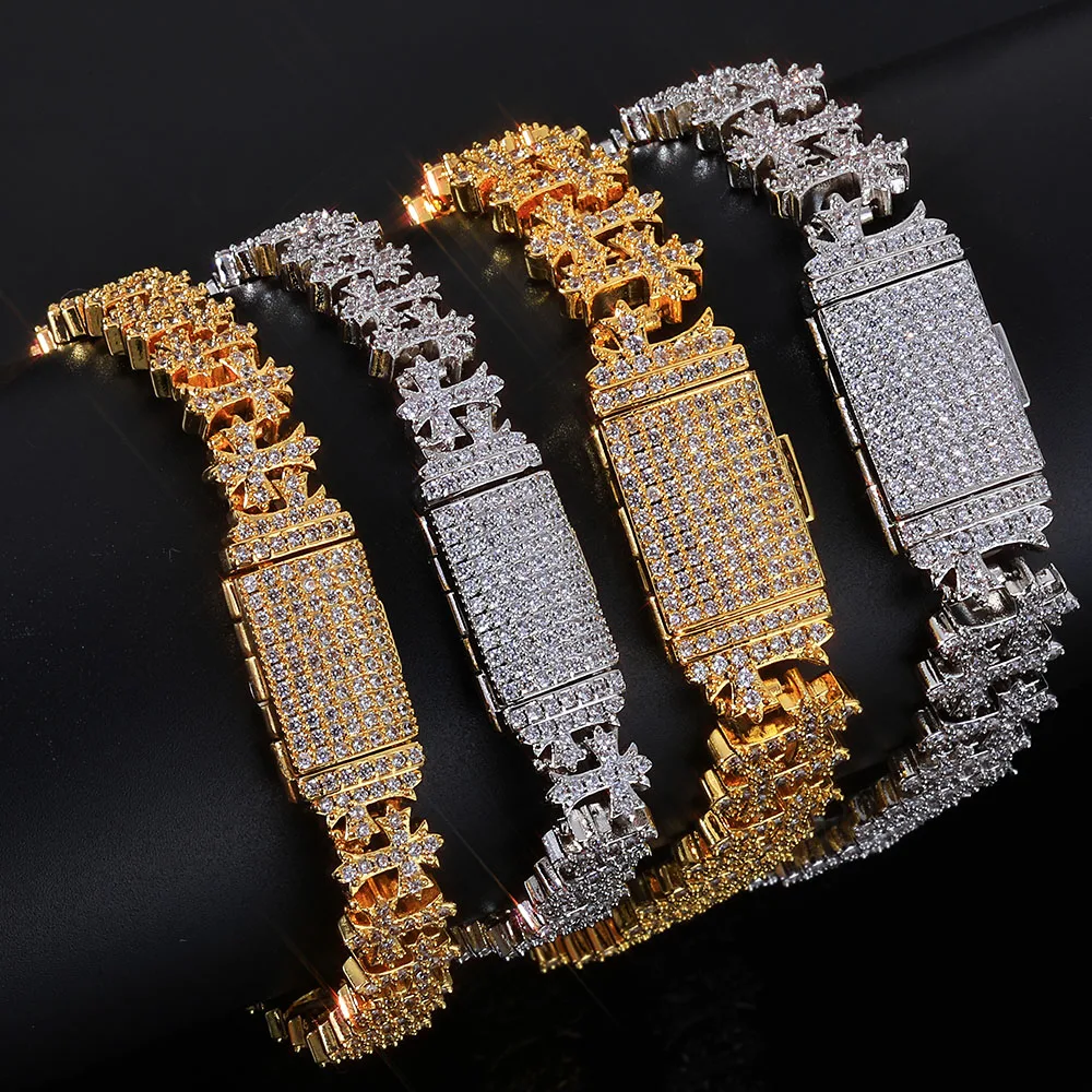 Luxury 8MM Cross Bracelet Hip Hop Style Iced CZ Diamond Brass Hand-Set Zircon Fashionable Charm Jewelry for Men Women