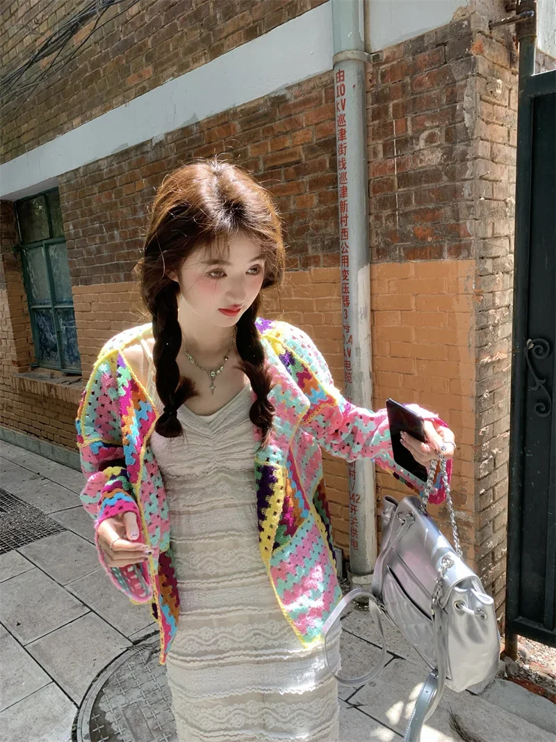 2025 Colorful Crochet Knit Hollow Cardigan Sweater Jacket Women Spring Top Loose Short Knitwear