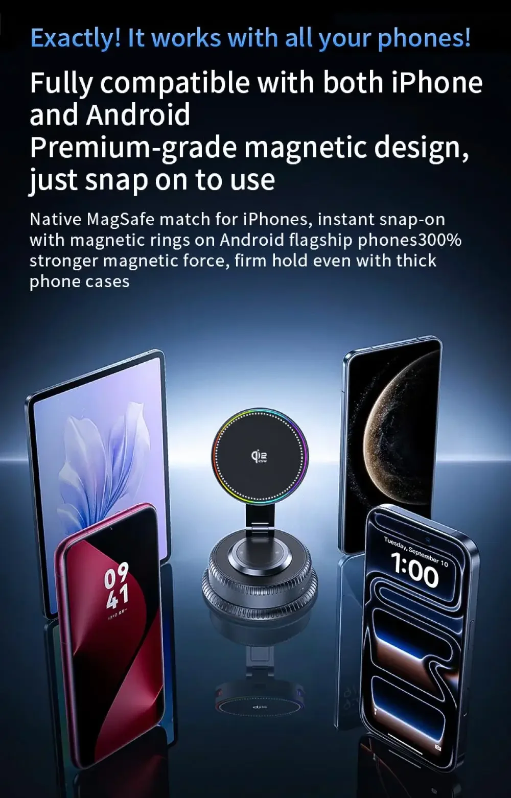 QI2.2 25W Magnetisches kabelloses Autoladegerät, 360-Grad-drehbare Autotelefonhalterung mit Vakuumsaugnapf für iPhone 17 Pro Max – Detail 9